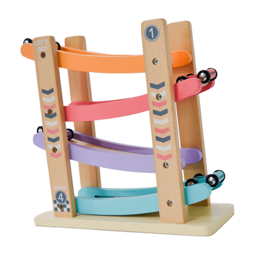 Playbox Speedy Wheels Wooden Car Race Toy, Wood Race Track with Car Ramps, 4 Mini Cars - PBC - 013