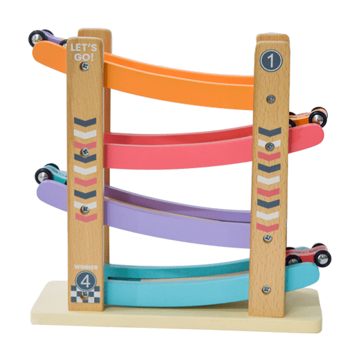 Playbox Speedy Wheels Wooden Car Race Toy, Wood Race Track with Car Ramps, 4 Mini Cars - PBC - 013