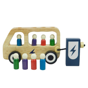 Playbox Wooden Double Decker Bus for Kids | 7 Wooden Passangers and 1 Driver with Artificial Wooden Electric Charger