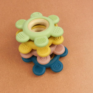 Playbox Wooden Flower BPA Free Silicone Teether Soothe Baby Gums Assorted Color - PBN - 005