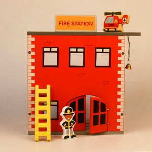 Playbox Wooden Red Marshall's Fire Station Pretend Play Toy Set Vehicles and All Fire Accessories for Toddlers Kids Children Imagination Team Role Play Educational Game Toys