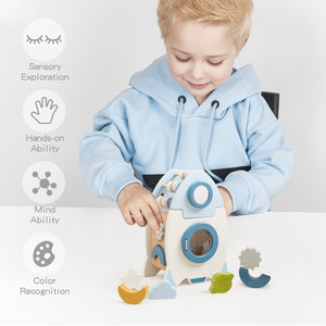 Playbox Wooden Spaceship Rocket Cube, Busy Board Toys, Sorting & Stacking Toy - PBP - 013