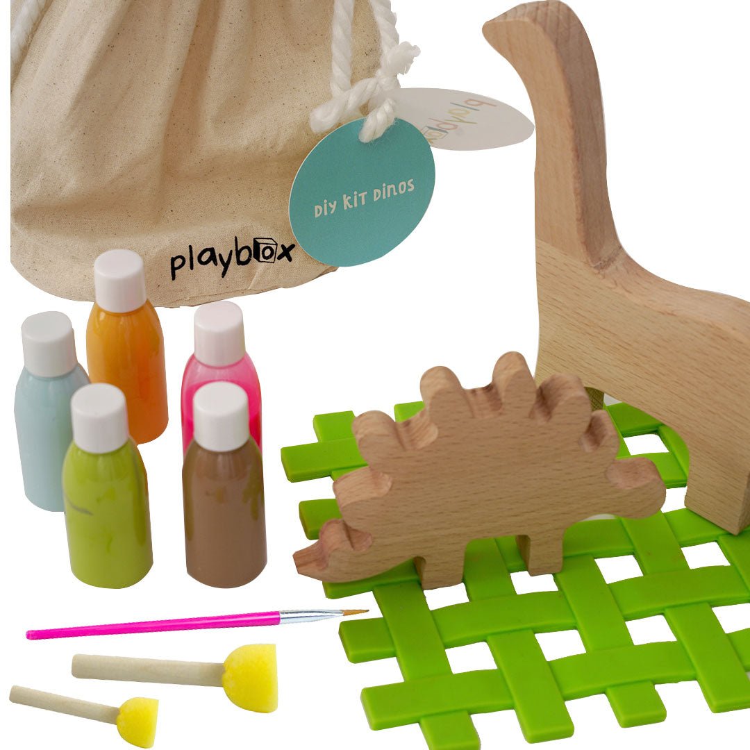 Playbox Wooden Toys DIY Kit - Dino Set of 2 for Painting & Decorating Activity Kit with 2 Dinosaurs, 5 Paints and 1 Paintbrushes and 2 Sponge Brushes, Multicolor (3 - Years +) - PBG - 001