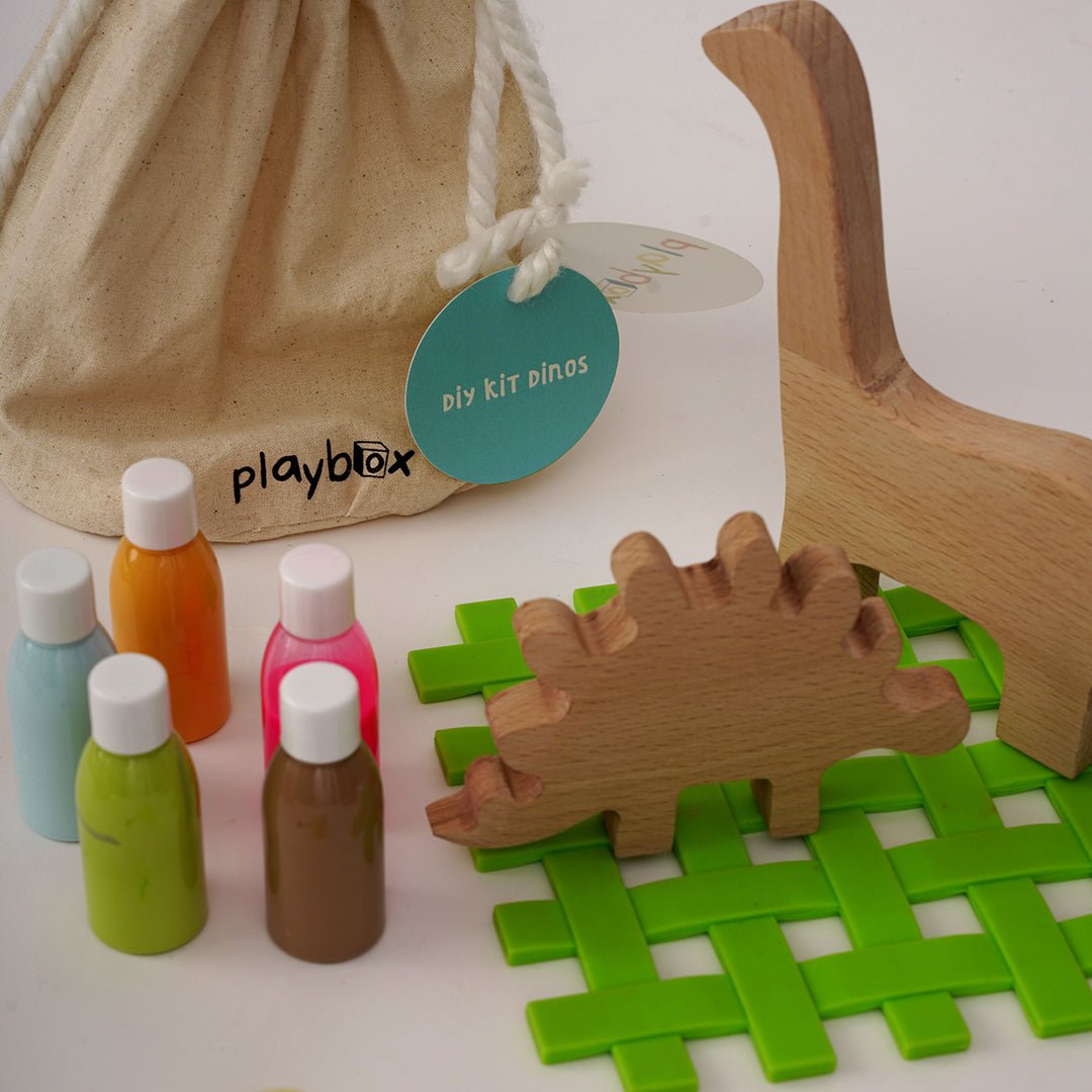 Playbox Wooden Toys DIY Kit - Dino Set of 2 for Painting & Decorating Activity Kit with 2 Dinosaurs, 5 Paints and 1 Paintbrushes and 2 Sponge Brushes, Multicolor (3 - Years +) - PBG - 001