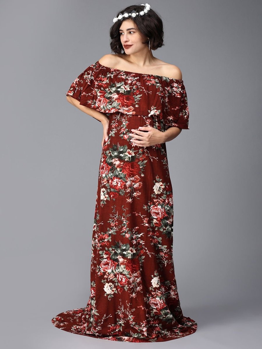 Plum And Done Floral Maternity Photoshoot Gown - DRS-MRNFL-S