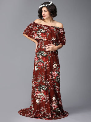 Plum And Done Floral Maternity Photoshoot Gown - DRS-MRNFL-S