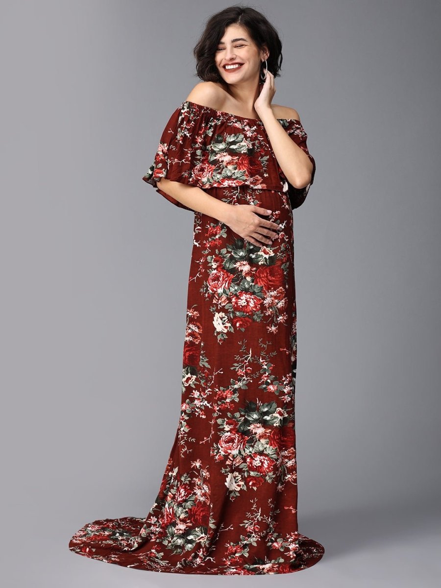 Plum And Done Floral Maternity Photoshoot Gown - DRS-MRNFL-S