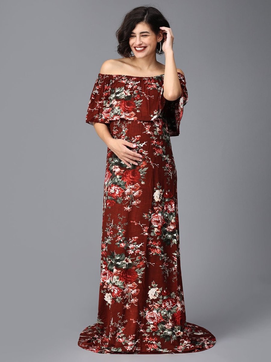 Plum And Done Floral Maternity Photoshoot Gown - DRS-MRNFL-S