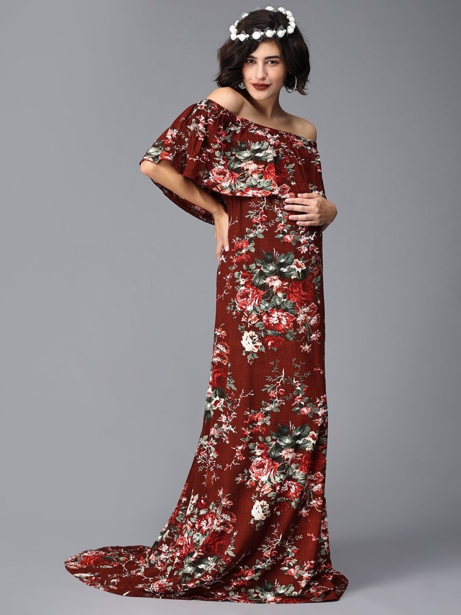 Plum And Done Floral Maternity Photoshoot Gown - DRS-MRNFL-S