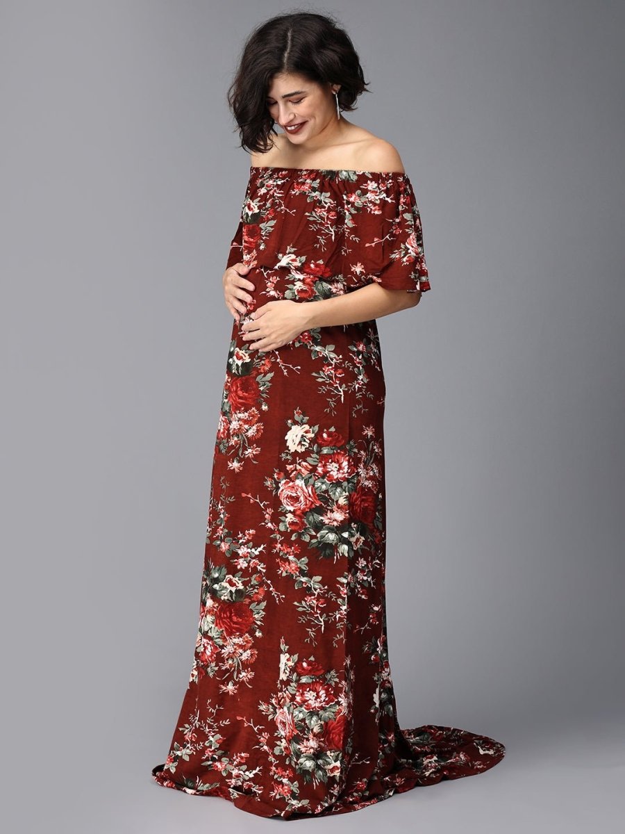 Plum And Done Floral Maternity Photoshoot Gown - DRS-MRNFL-S