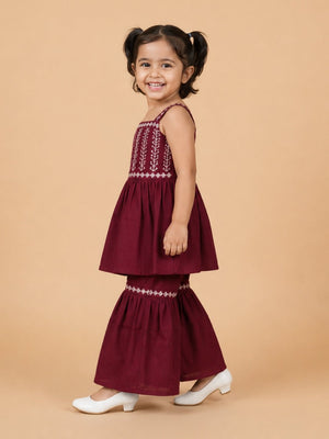 Plum Pixie Girls Embroidered Kurta Sharara Set - 1-2 Years Girls Ethnic Set