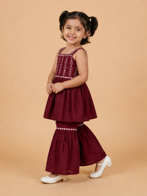 Plum Pixie Girls Embroidered Kurta Sharara Set - 1-2 Years Girls Ethnic Set