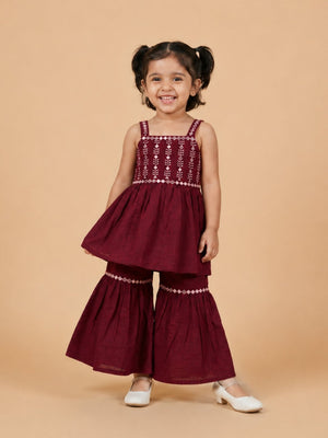 Plum Pixie Girls Embroidered Kurta Sharara Set - 1-2 Years Girls Ethnic Set