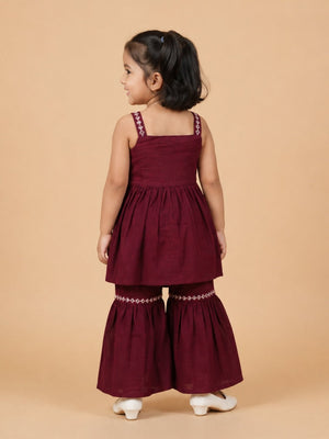 Plum Pixie Girls Embroidered Kurta Sharara Set - 1-2 Years Girls Ethnic Set