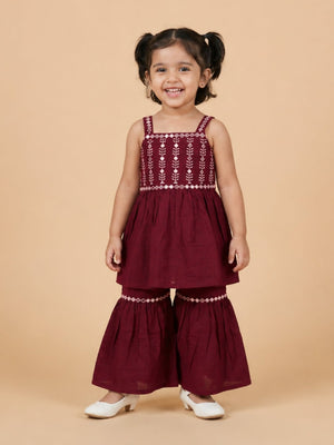 Plum Pixie Girls Embroidered Kurta Sharara Set - 1-2 Years Girls Ethnic Set