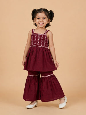 Plum Pixie Girls Embroidered Kurta Sharara Set - 1-2 Years Girls Ethnic Set