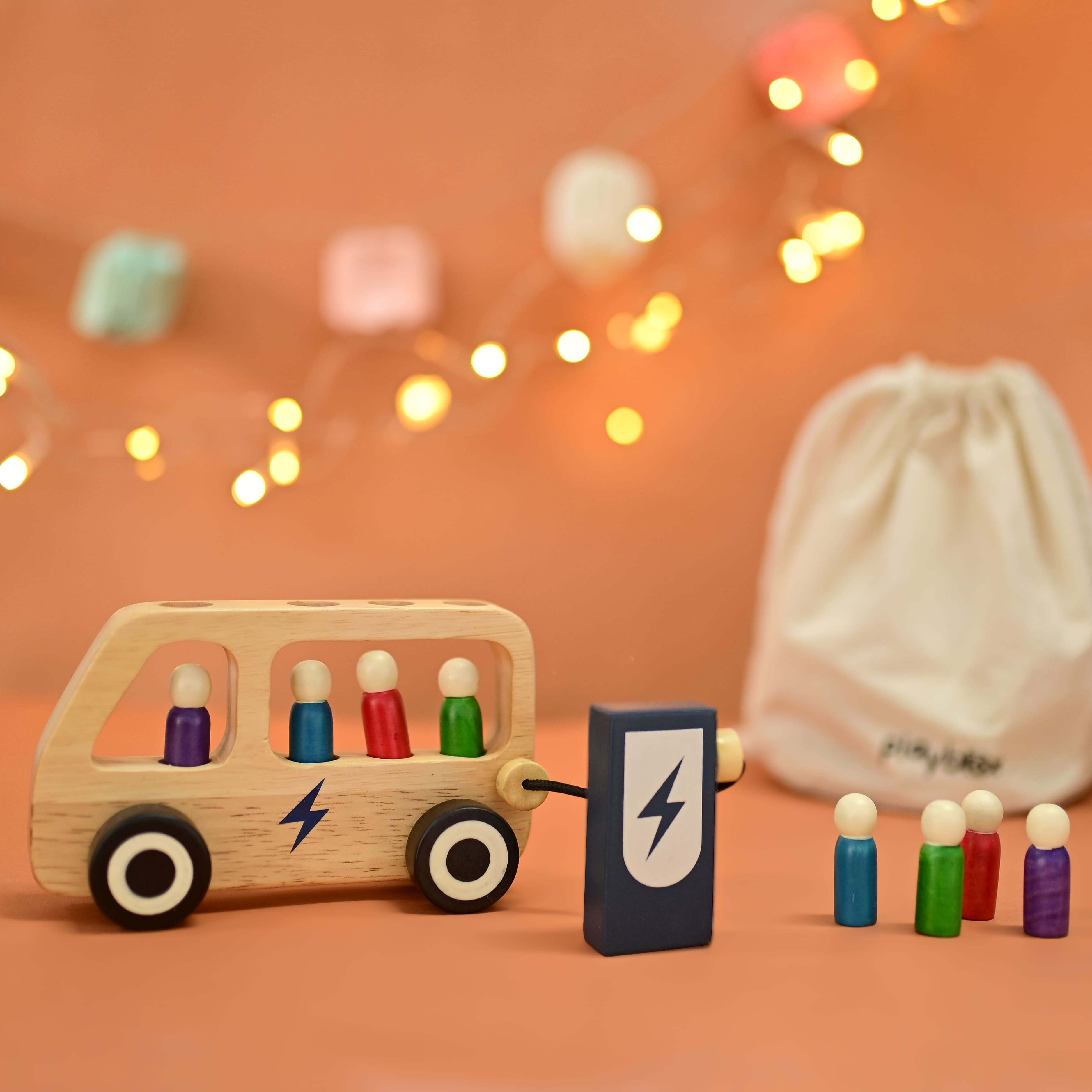 Playbox Wooden Double Decker Bus for Kids | 7 Wooden Passangers and 1 Driver with Artificial Wooden Electric Charger