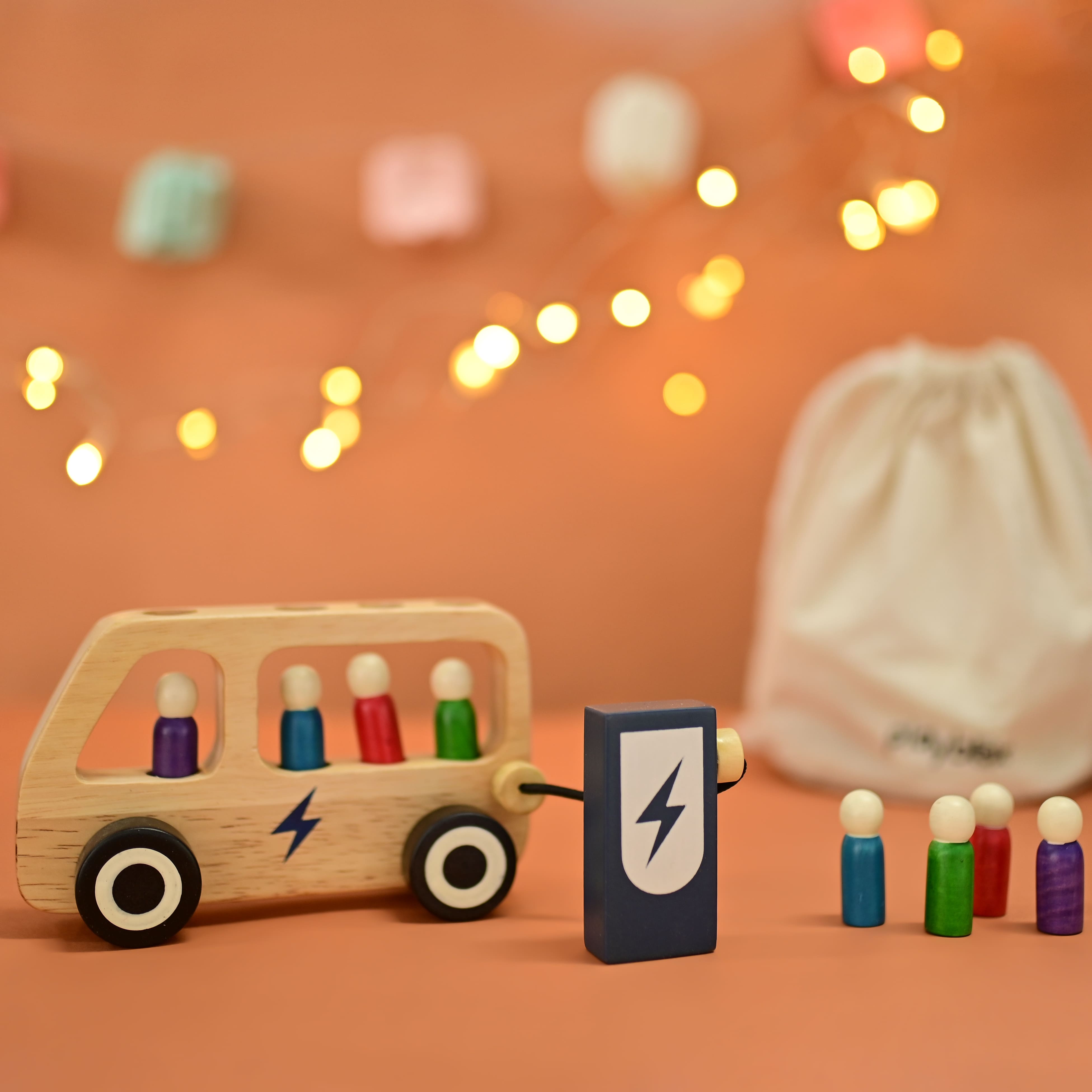 Playbox Wooden Double Decker Bus for Kids | 7 Wooden Passangers and 1 Driver with Artificial Wooden Electric Charger