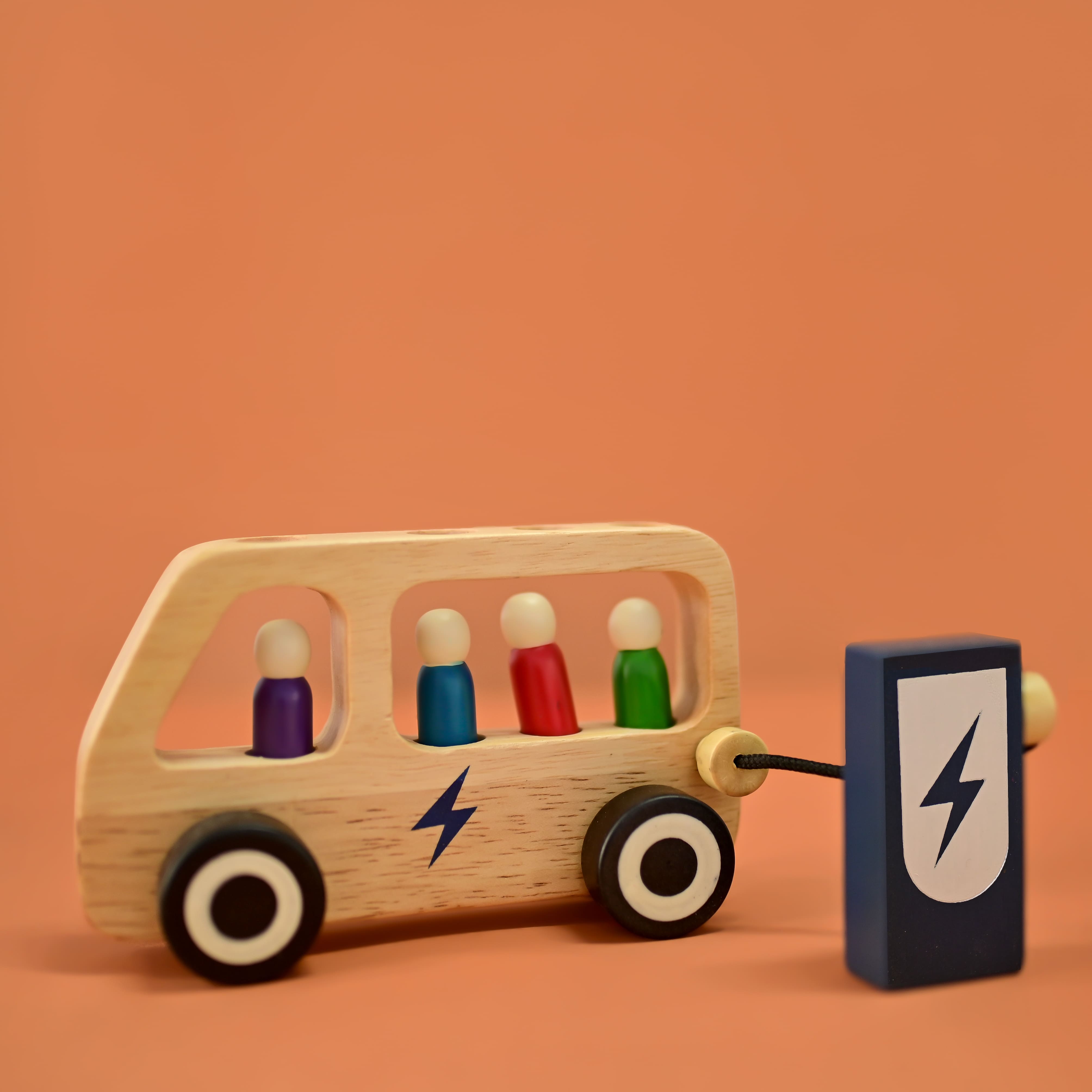 Playbox Wooden Double Decker Bus for Kids | 7 Wooden Passangers and 1 Driver with Artificial Wooden Electric Charger