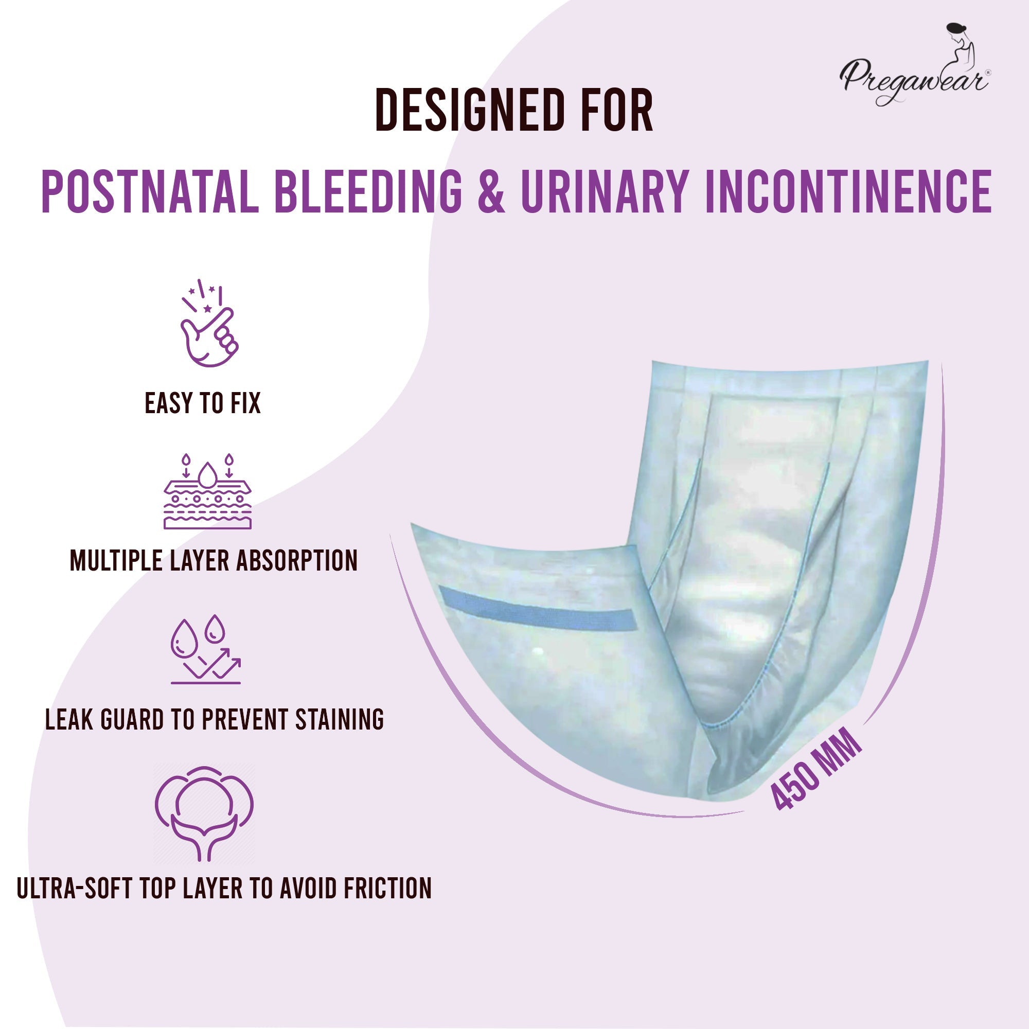 Pregawear Maternity Pad| Premium Disposable Soft Pads for Women| After Delivery Incontinence High Absorption | Heavy Periods | Leak Guard| Postpartum Flow| Rash Free | Overnight Protection Pack of 10. - BL050A