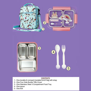 Princess Magic stainless Steel Kids Tiffin/ Lunch Box with matching Mint Green Lunch Bag - Back To School