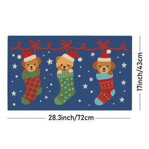 Puppy in Stockings, Christmas theme,Big Size Welcome Mat Festive Floor & entrance Door Mat, 30inches x20inches - Christmas