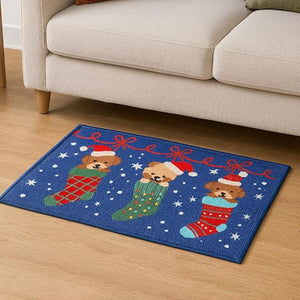 Puppy in Stockings, Christmas theme,Big Size Welcome Mat Festive Floor & entrance Door Mat, 30inches x20inches - Christmas