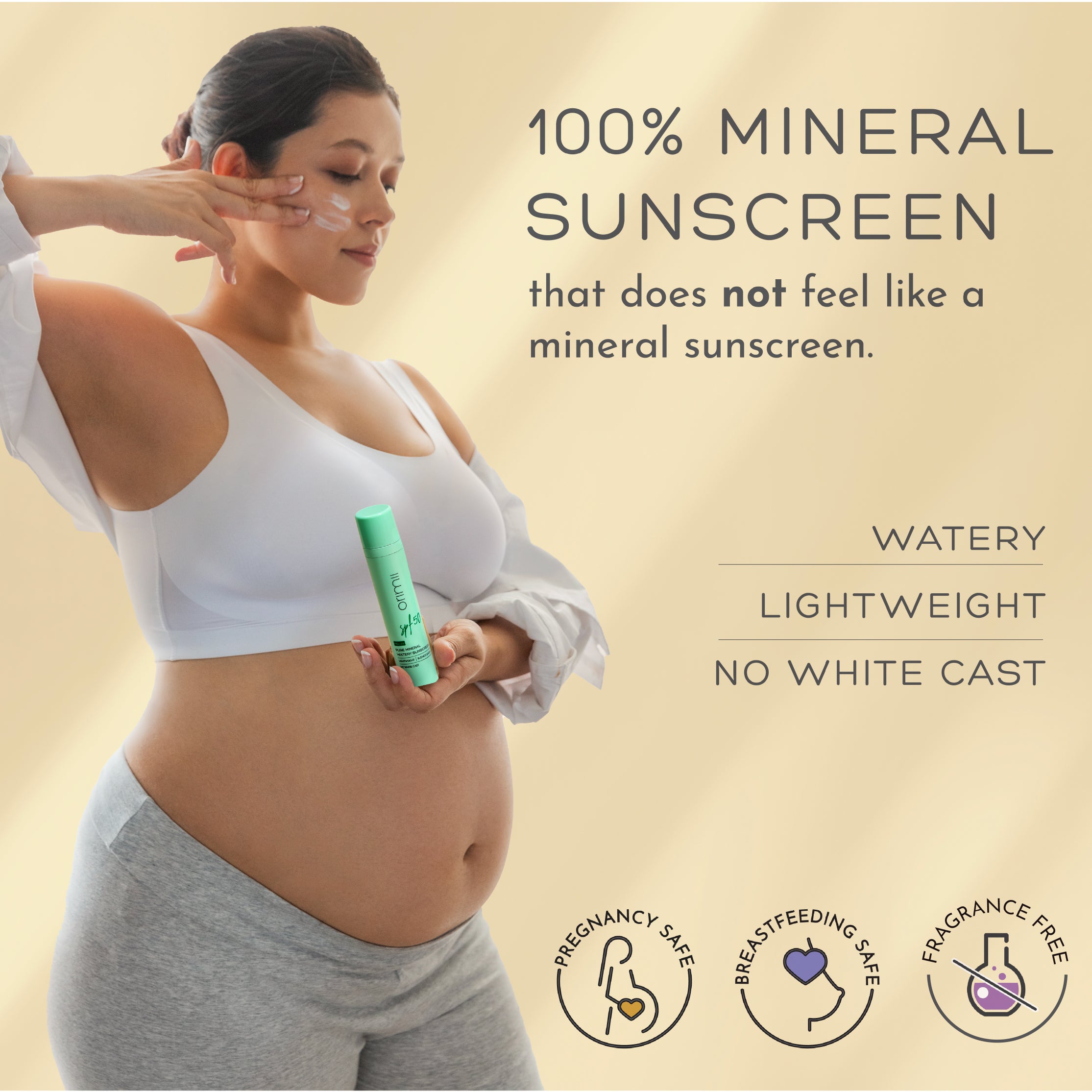 Orimii 100% Pure Mineral Sunscreen SPF 50 with Watery Texture, Zero White Cast - Pregnancy Safe 50ml