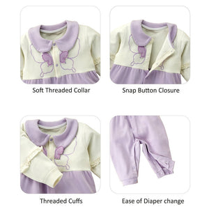 Purple & Cream Butterfly full sleeves jumpsuit style Romper for Tiny Toddlers - 6 - 12 Months Kids Clothing