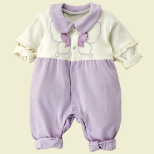 Purple & Cream Butterfly full sleeves jumpsuit style Romper for Tiny Toddlers - 6 - 12 Months Kids Clothing