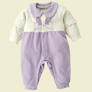 Purple & Cream Butterfly full sleeves jumpsuit style Romper for Tiny Toddlers - 6 - 12 Months Kids Clothing