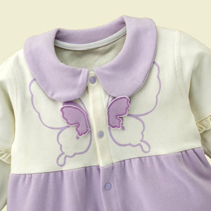 Purple & Cream Butterfly full sleeves jumpsuit style Romper for Tiny Toddlers - 6 - 12 Months Kids Clothing