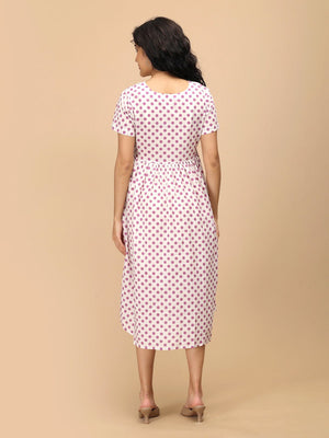 Purple Dot Maternity and Nursing Dress ‚Äì back view of a white midi dress with purple polka dot print and short sleeves.