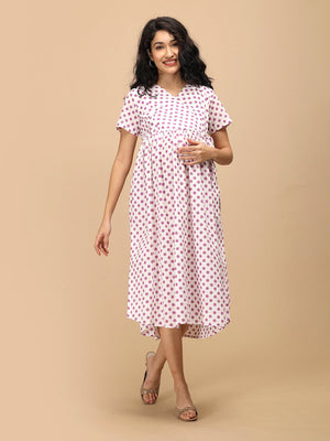 Purple Dot Maternity and Nursing Dress ‚Äì straight front view highlighting bump-friendly gathered waist and midi length.