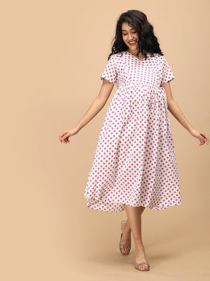 The Mom Store Purple Dot Maternity and Nursing Dress ‚Äì front view showing V-neckline, short sleeves, and flowy maternity-friendly fit.