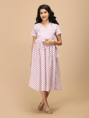 Purple Dot Maternity and Nursing Dress ‚Äì front view showing V-neckline, short sleeves, and flowy maternity-friendly fit.