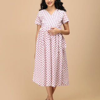 Purple Dot Maternity and Nursing Dress – front view showing V-neckline, short sleeves, and flowy maternity-friendly fit.