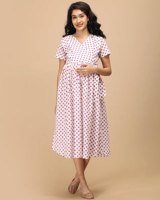 Purple Dot Maternity and Nursing Dress – front view showing V-neckline, short sleeves, and flowy maternity-friendly fit.