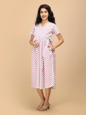 Purple Dot Maternity and Nursing Dress ‚Äì front view of a white dress with purple dots, V-neck, and relaxed A-line shape.