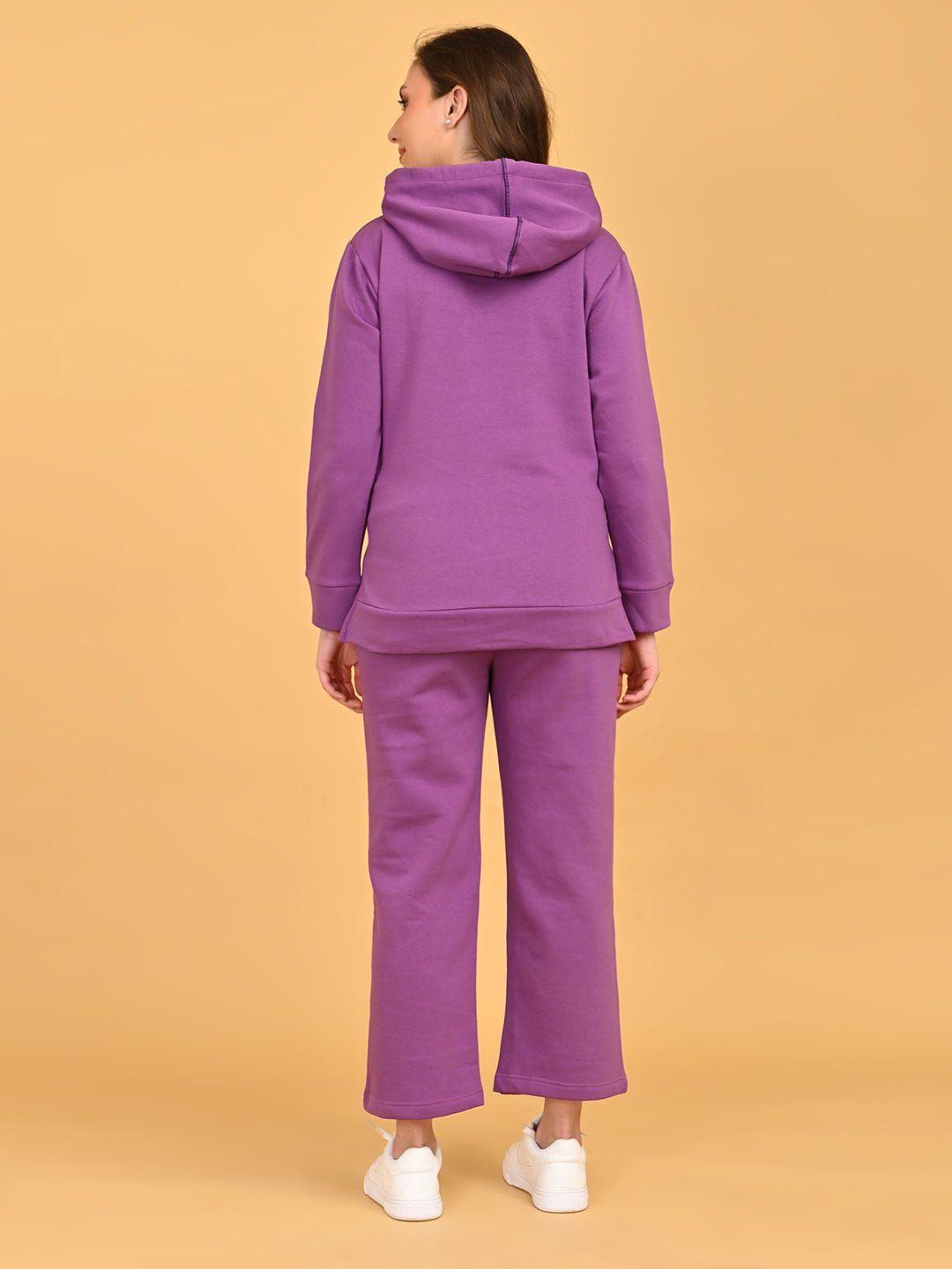Back view of Purple Frostbite maternity hoodie and lounge pants set showing hood and straight-leg silhouette.