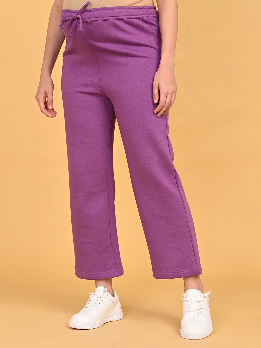 Side view Purple Frostbite maternity lounge pants with elastic drawstring waistband and wide-leg fit.