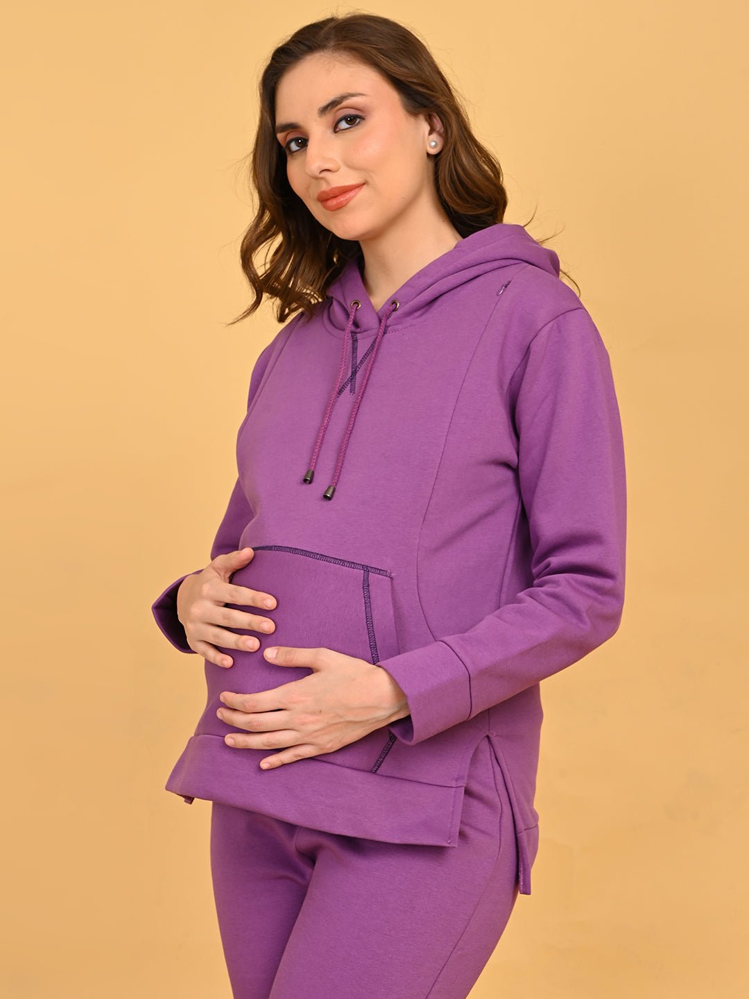 Side view of Purple Frostbite maternity and nursing loungewear set
