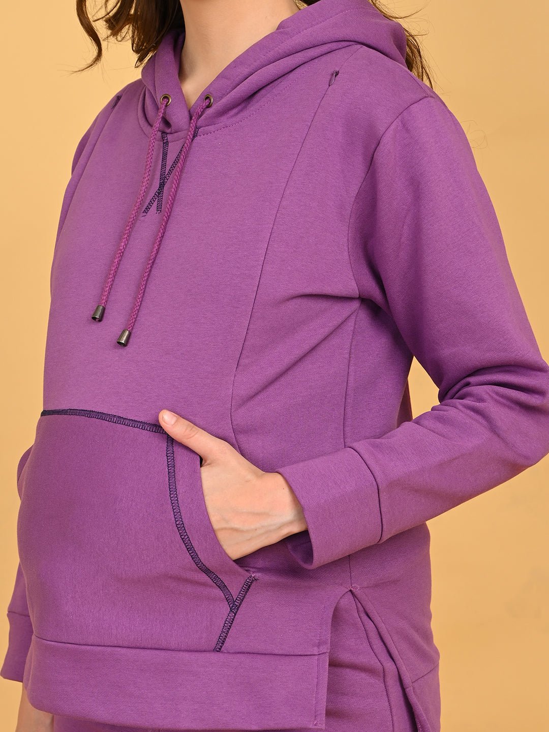 Close-up of Purple Frostbite maternity hoodie featuring drawstring hood and front kangaroo pocket.