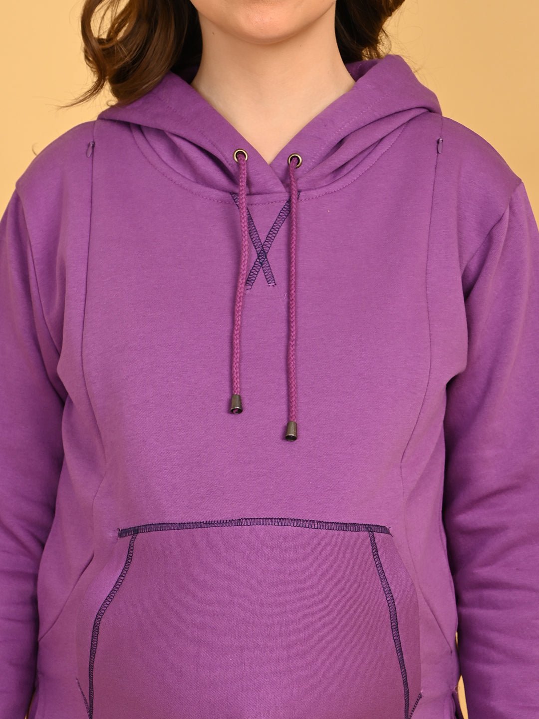 Close up view of Purple Frostbite maternity and nursing loungewear set