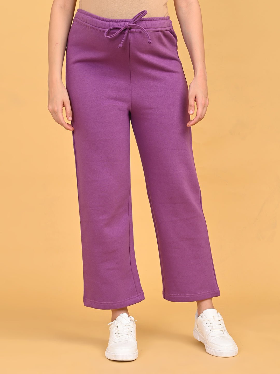 Purple Frostbite maternity lounge pants with elastic drawstring waistband and wide-leg fit.