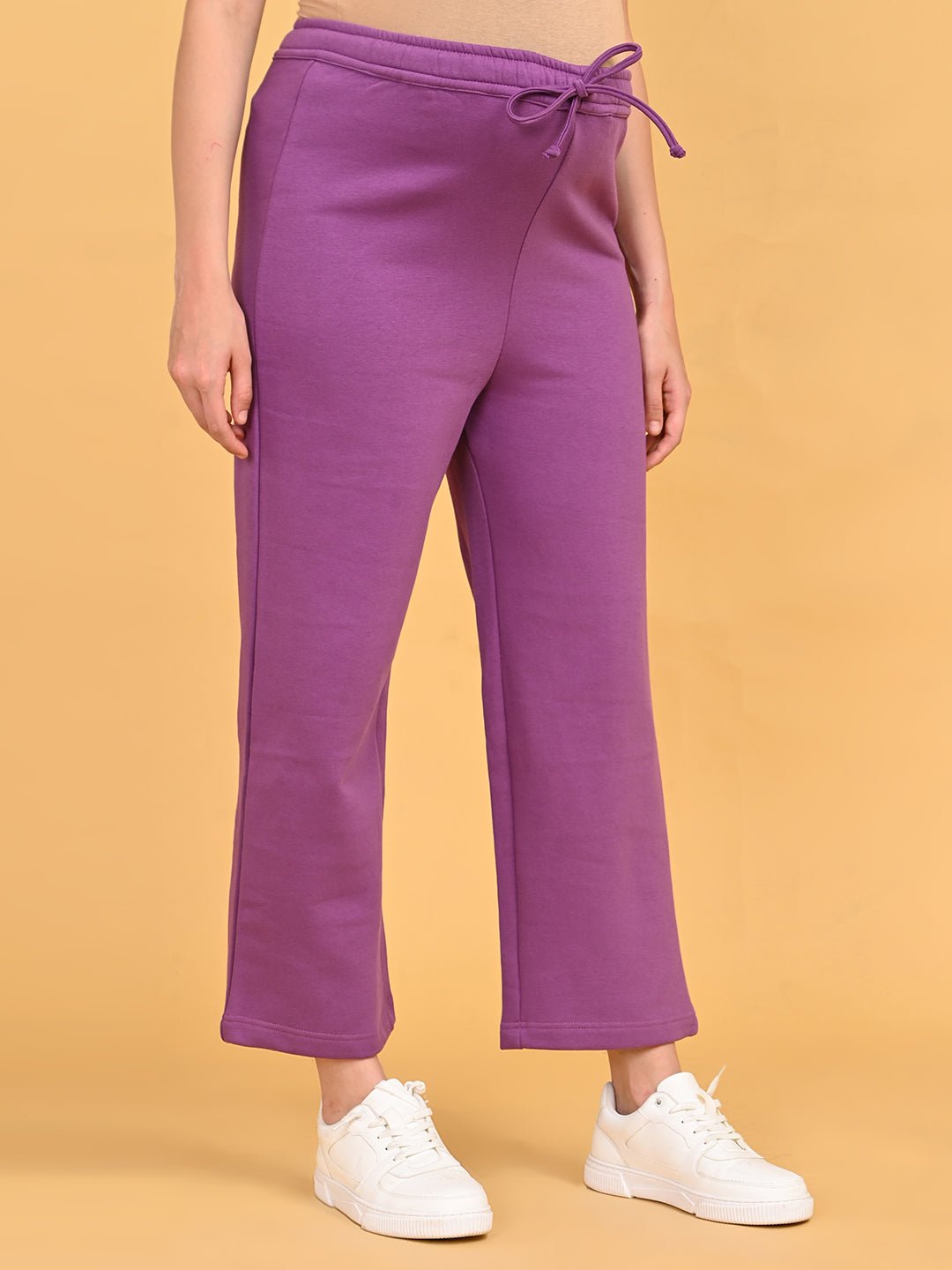 Side view Purple Frostbite maternity lounge pants with elastic drawstring waistband and wide-leg fit.