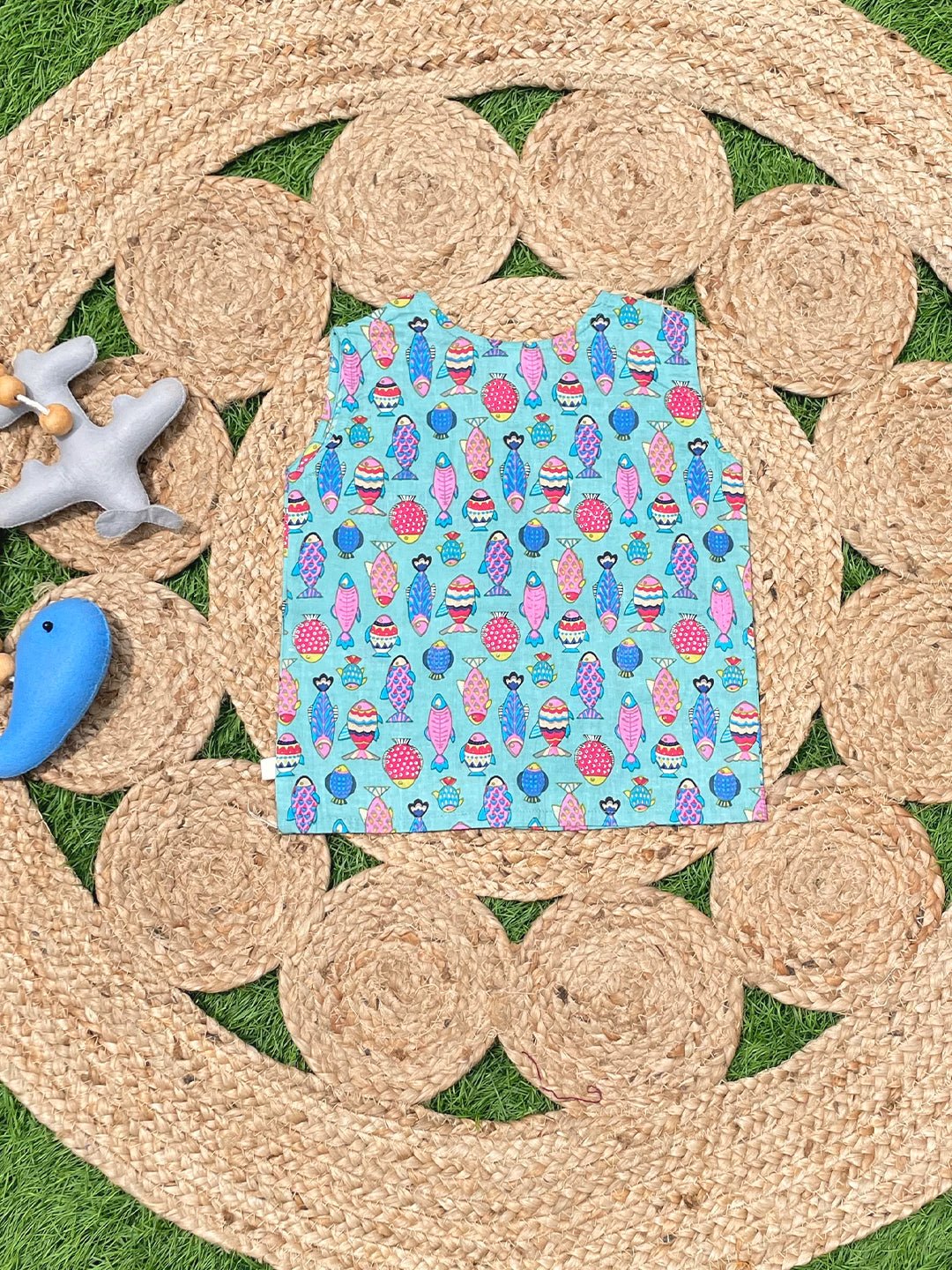 Purple Hippo & Fishy Fish Block Printed Cotton Infant Jabla
