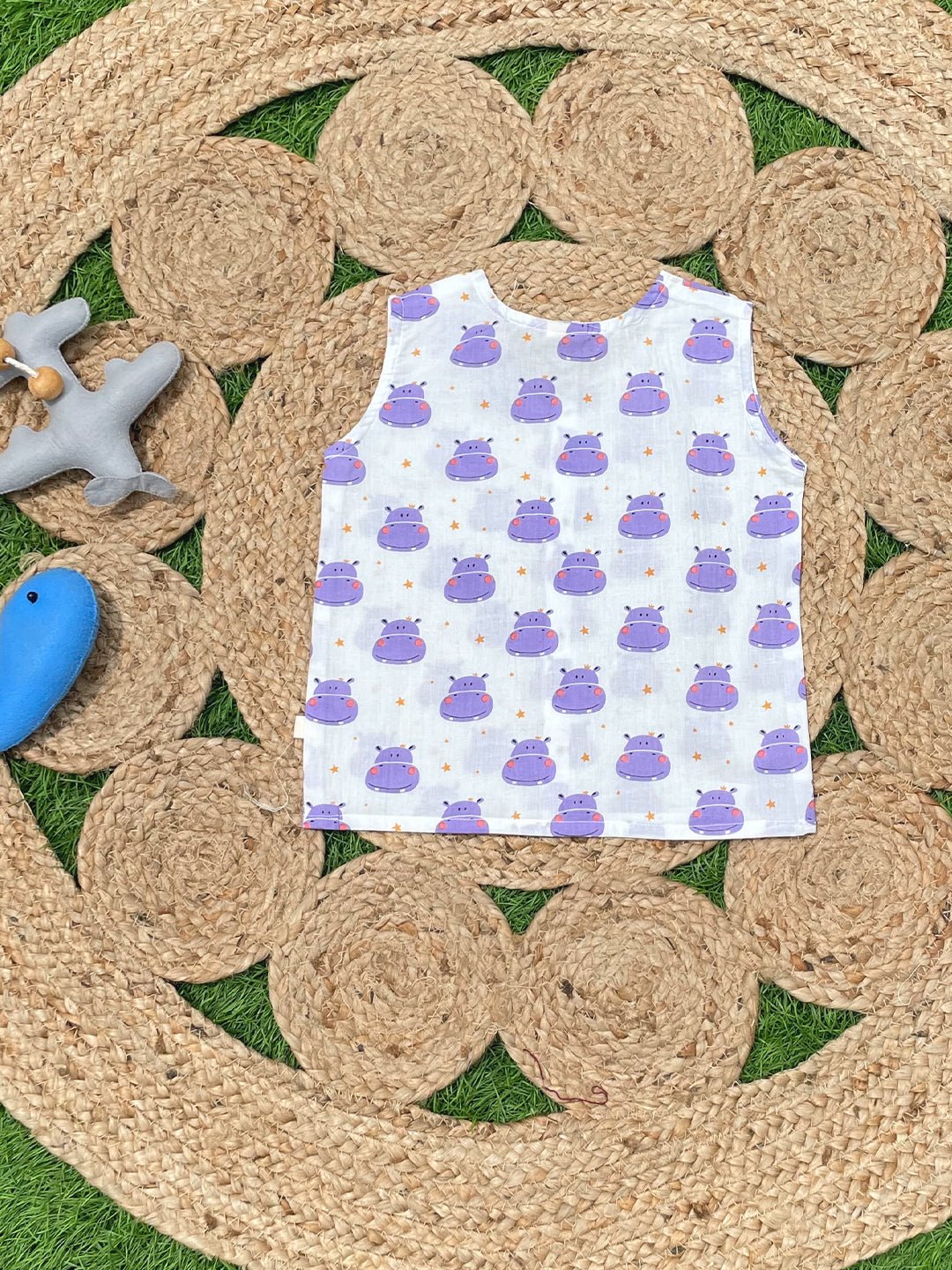 Purple Hippo & Fishy Fish Block Printed Cotton Infant Jabla