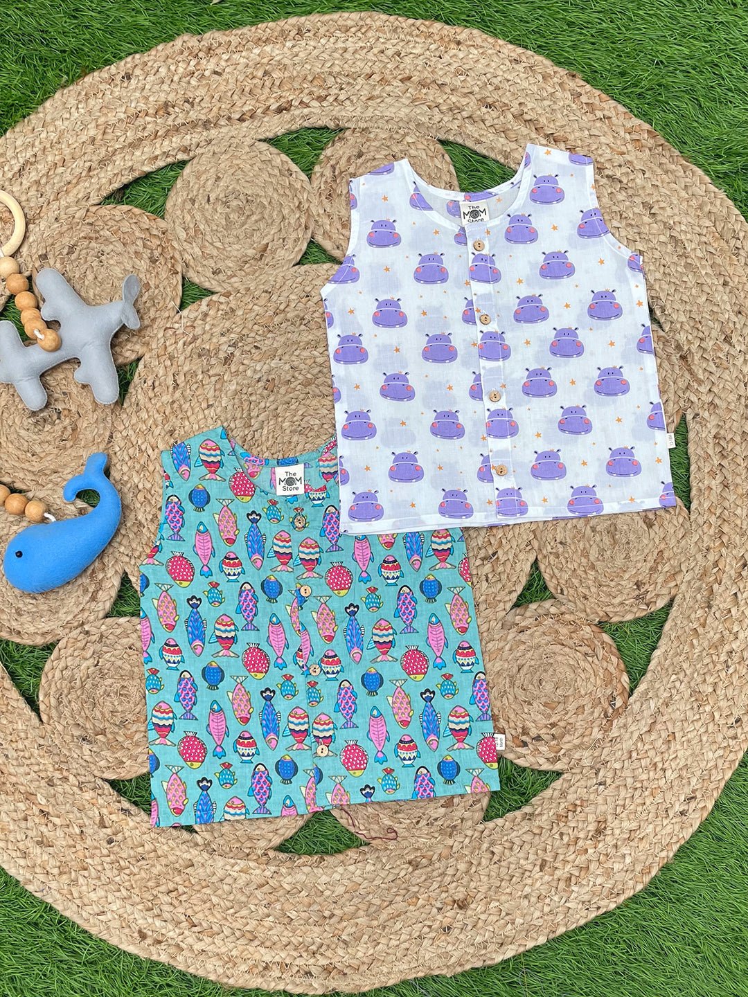 Purple Hippo & Fishy Fish Block Printed Cotton Infant Jabla