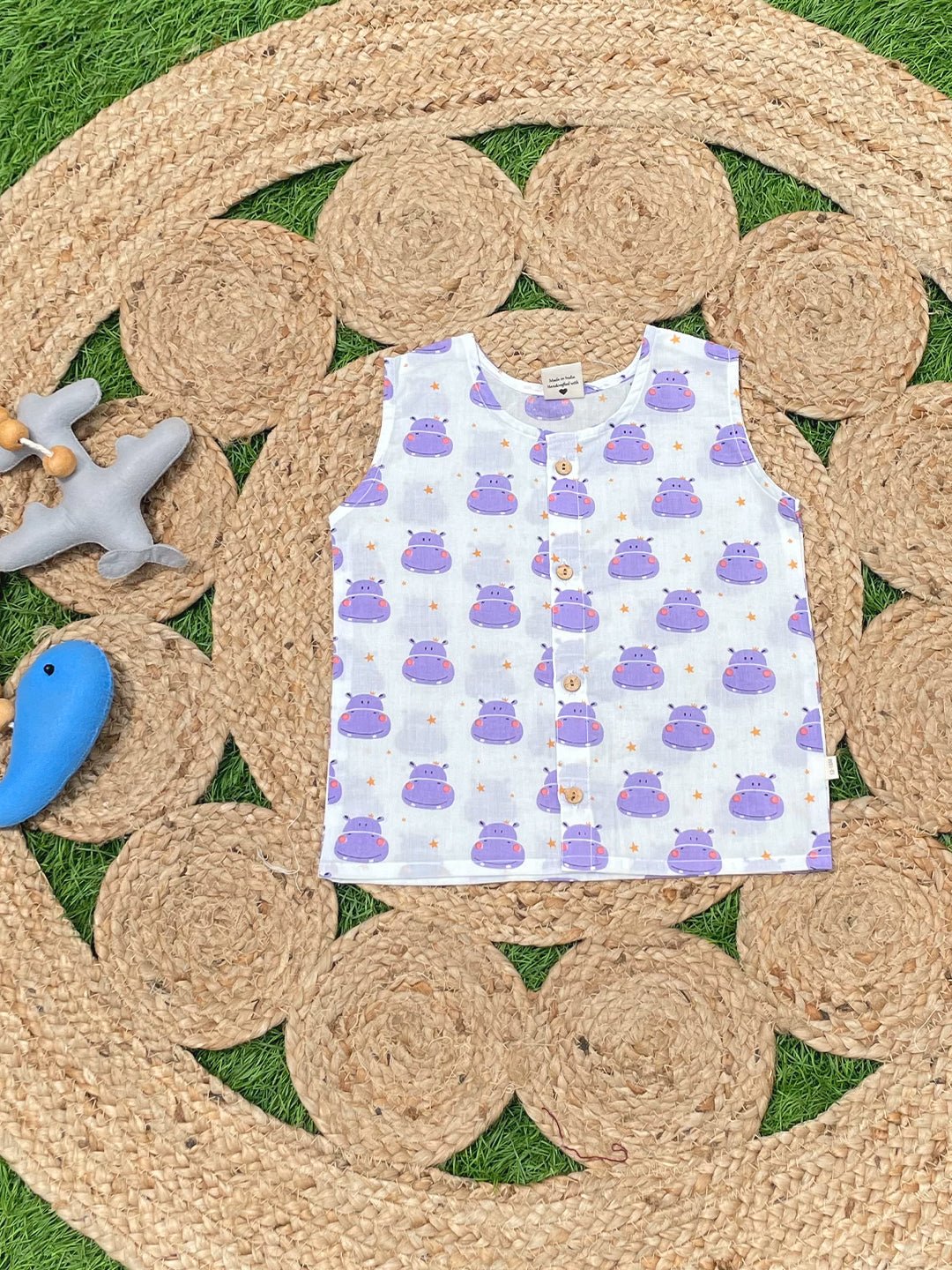 Purple Hippo & Fishy Fish Block Printed Cotton Infant Jabla